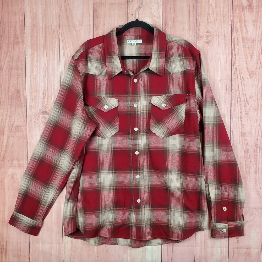 Frye And Co Mens Red Flannel Plaid Long Sleeve Button Up Shirt Mens Sz 2XL